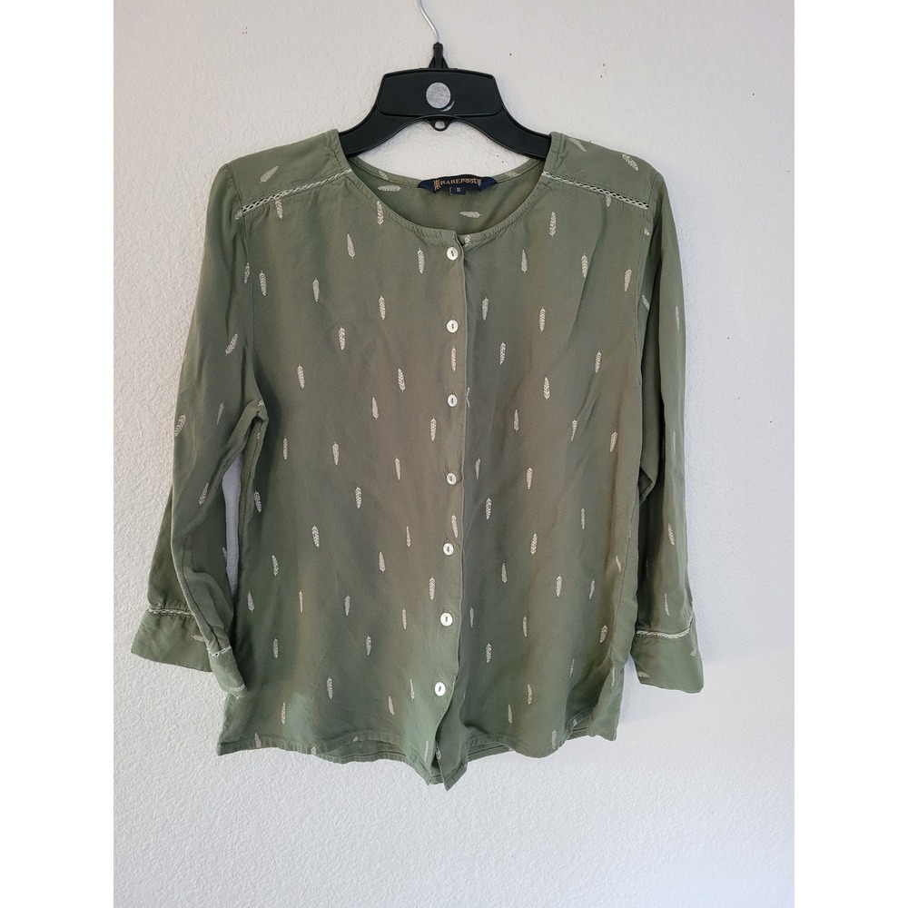 RAREroots‎ Olive Green Feather Print Button Down Long Sleeve Shirt Women's S #11